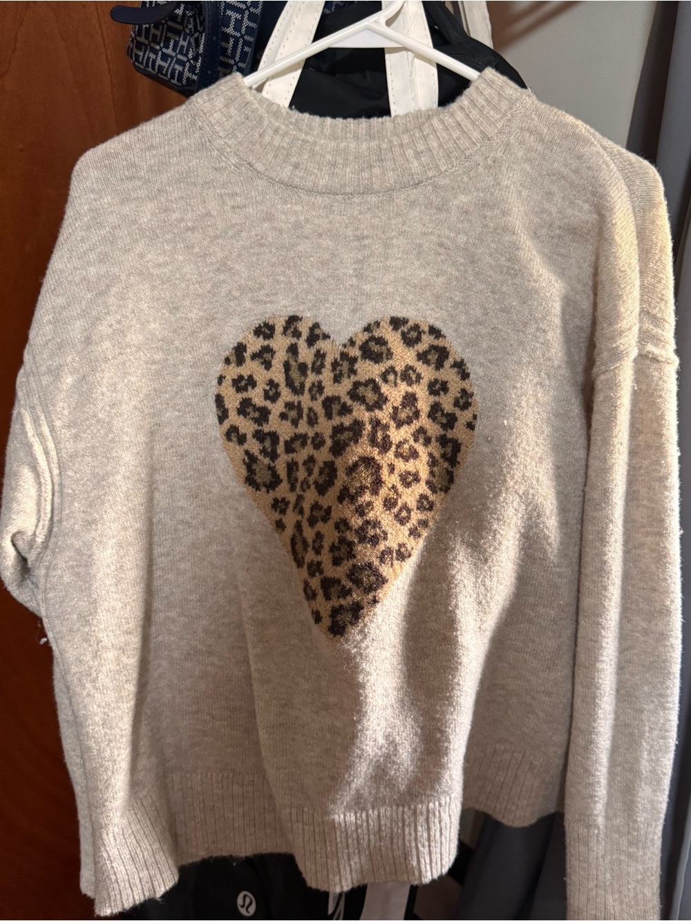 American Eagle Outfitters Cream Crewneck Sweater with Leopard Heart